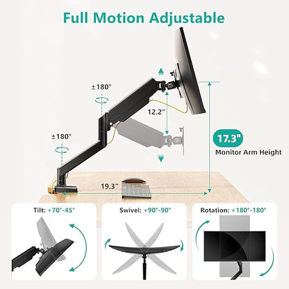 WALI Single Monitor Mount, Gas Spring Monitor Arm for 17-34 inch Screens, Adjustable Computer Monitors Stand up to 26.4lbs, with Clamp and Grommet Base, Mounting Holes 75 and 100mm (GSMP001N), Black