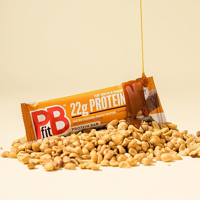 PBfit Salted Caramel Peanut Butter Protein Bars, 22g Protein, Gluten Free, Vegan, Plant-Based 40-30-30 Macros, 2.47 Oz (Pack of 12)