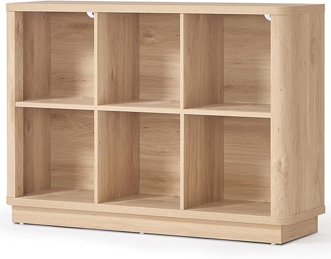 6 Cube Storage Book Shelf, 40" Wide Low Horizontal Bookcase with Curved Edge, Floor Standing 2-Tier Wooden Bookshelf with Base, Modern Short Book Case for Bedroom, Study, Entryway, Natural Oak