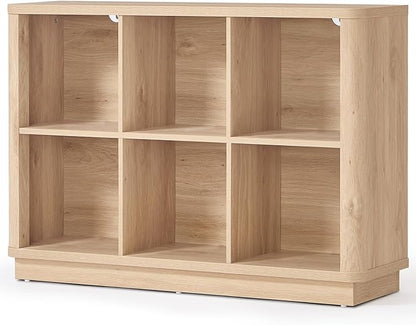 6 Cube Storage Book Shelf, 40" Wide Low Horizontal Bookcase with Curved Edge, Floor Standing 2-Tier Wooden Bookshelf with Base, Modern Short Book Case for Bedroom, Study, Entryway, Natural Oak