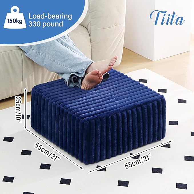 Tiita Suqre Stuffed Pouf Ottoman, Stripe Poufs 21×21×10 inch with Foam Chunk Filling, Floor Bean Bag Floor Chair Storage for Living Room Bedroom Home Decor, Navy Blue