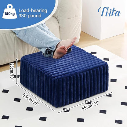 Tiita Suqre Stuffed Pouf Ottoman, Stripe Poufs 21×21×10 inch with Foam Chunk Filling, Floor Bean Bag Floor Chair Storage for Living Room Bedroom Home Decor, Navy Blue