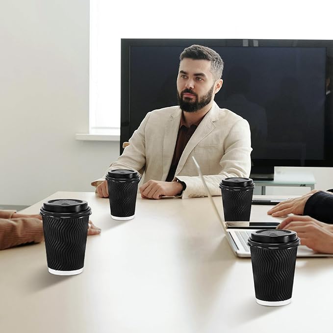 Lamosi 12 oz Disposable Coffee Cups with Lids, 500 Pack Insulated Hot Cups To Go Paper Coffee Cups with Lids and Straws, Corrugated Ripple Wall Cup for Hot Drink, Office, Coffee Bar (Black)