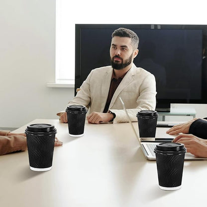 Lamosi 12 oz Disposable Coffee Cups with Lids, 500 Pack Insulated Hot Cups To Go Paper Coffee Cups with Lids and Straws, Corrugated Ripple Wall Cup for Hot Drink, Office, Coffee Bar (Black)