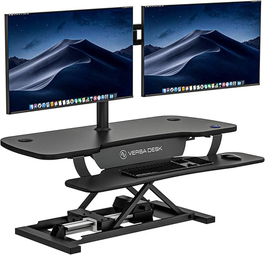 VERSADESK® PowerPro™ 40" Electric Standing Desk Converter - Adjustable Height Desktop Riser with USB Charging Outlet & Detachable Keyboard Tray - Holds 80 lbs Large & Small Items | Black