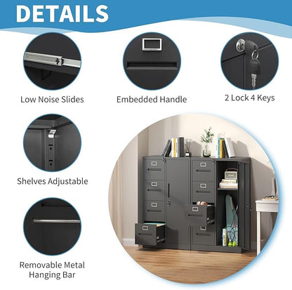 4 Drawer Metal File Cabinet with Lock and 1 Door, Steel Vertical Filing Cabinets for Home Office, Metal Storage Cabinet for Hanging Legal/Letter Size Files, Assembly Required (Black)