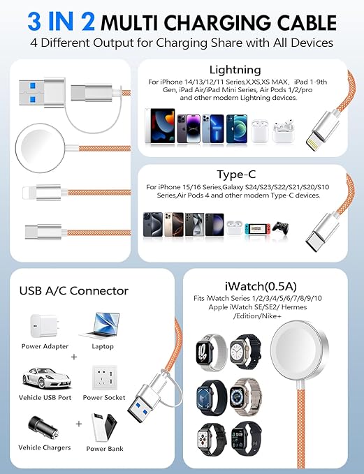 1Pack Multi Charging Cable Cord for Travel Essentials,Apple Watch Charger,iPhone Charger,[3-in-2] Type C/Lightning Cable Portable Designed for iWatch,iPhone 17-8,Galaxy S25-21,AirPods,iPad-4FT Orange