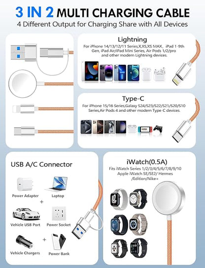 1Pack Multi Charging Cable Cord for Travel Essentials,Apple Watch Charger,iPhone Charger,[3-in-2] Type C/Lightning Cable Portable Designed for iWatch,iPhone 17-8,Galaxy S25-21,AirPods,iPad-4FT Orange