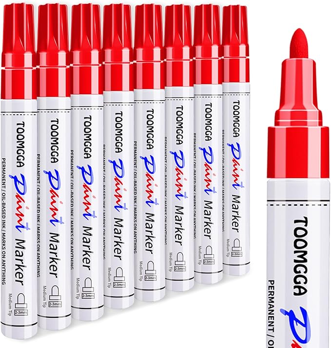 Paint Pens Paint Markers Red - 8 Pack Permanent Markers Oil Based for Metal Wood, Pens for Metal, Car Tyre,Plastic, Ceramic, Plastic, Canvas, Rock Painting, Glass, Craft Supplies