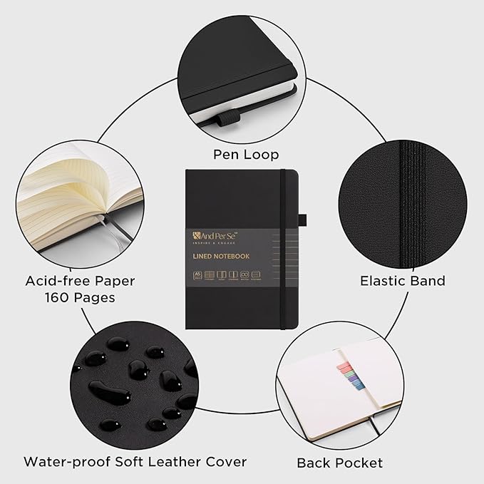&And Per Se Lined Journal Notebook (10 Packs), 160 Pages, A5 5.7 x 8 inches College Ruled Thick Paper Notebook Journals for Writing, Hardcover Notebooks for Women Men Office School (Black)