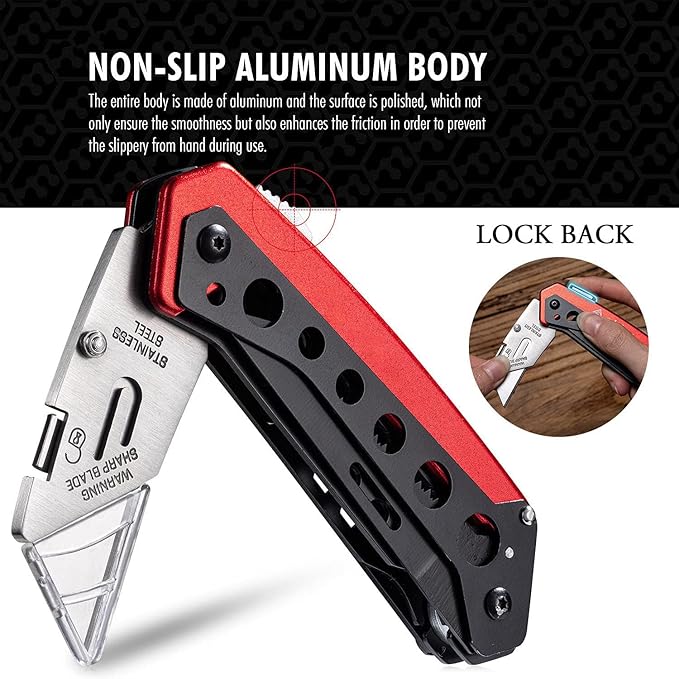 Folding Utility Knife, Heavy Duty Box Cutter Knife, Quick Change Razor Knives with 5 Extra Blades, Screwdriver, Saw, Clip, Holder for Belt, Safety Lock, EDC Work Knives, Gifts for Men Wowen