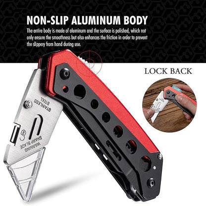 Folding Utility Knife, Heavy Duty Box Cutter Knife, Quick Change Razor Knives with 5 Extra Blades, Screwdriver, Saw, Clip, Holder for Belt, Safety Lock, EDC Work Knives, Gifts for Men Wowen