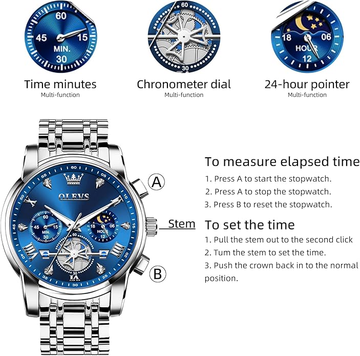 OLEVS Men Silver Watches,Men's Stainless Steel Chronograph Watch,Man Analog Quartz Big Face Male Watches Luxury Waterproof Roman Numeral Dress Diamond Relojes para Hombre