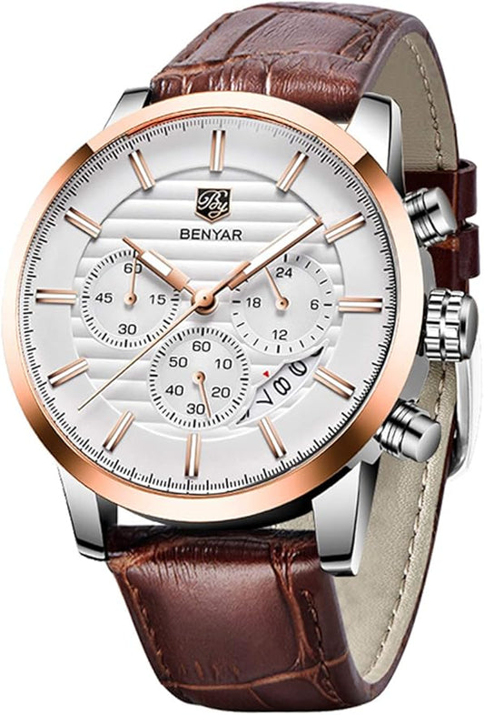 BENYAR Quartz Chronograph Waterproof Watches Business and Sport Design Leather Band Strap Wrist Watch for Men