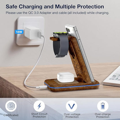 Wireless Charger for Samsung/Android, HOLYJOY Foldable 3 in 1 Fast Charging Station/Stand/Multi Charger for Samsung S25 Ultra/S24/Note 20, Travel Pad for Galaxy Watch 8/7/6/5/Active 2, for Buds(Wood)