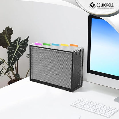 Hanging File Organizer, Letter-size File Holder Filing Box with 5 Hanging Folders, Metal Mesh Desk File Folder Storage(No Assembly Required)