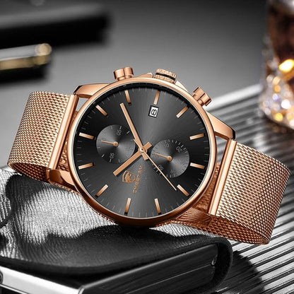 GOLDEN HOUR Mens Watch Fashion Sleek Minimalist Quartz Analog Mesh Stainless Steel Waterproof Chronograph Watches for Men with Auto Date