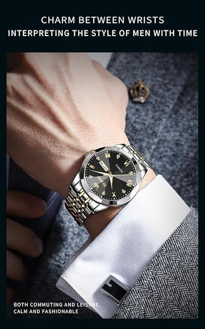OLEVS Mens Watch Stainless Steel Analog Quartz Watches for Men Day Date Easy Read Diamond Waterproof Dress Luxury Classic Casual Big Face Blue/Black/Gold/Silver Roman Arabic Numerals Men's Wrist Watch
