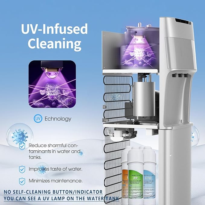 IKT Self Cleaning Bottleless Water Cooler Dispenser with Filters 4 Stage Filtration 3 Temperature Settings Perfect for Home Office Silver