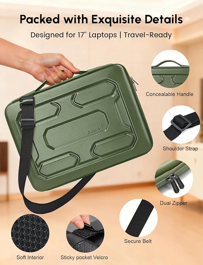 DOMISO 17 inch Laptop Sleeve Shoulder Bag Shockproof Computer Bag Waterproof EVA Protective Carrying Case for 17.3" MSI GS73VR Stealth Pro/HP Envy 17/LG Gram 17"/ROG Strix GL702VS,Green