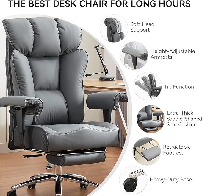 Efomao Big and Tall Office Chair 450LBS with Foot Rest, High Back PU Leather Executive Chair with Adjustable Padded Armrests, Lumbar Support for Home or Work, Heavy Duty Computer Chair, Grey