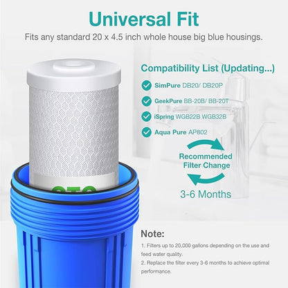 SimPure 20 x 4.5 inch 5 Micron Big Whole House Water Filter | CTO Activated Carbon Filter Replacement Cartridge Coconut shell Charcoal Filter | Matches DB20P, FC25B, CTO20BB (2 Pack)