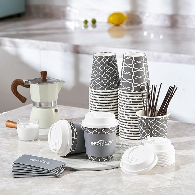 JOLLY PARTY [100 Sets] 10 oz Paper Coffee Cups, Disposable Coffee Cups with Lids, Sleeves and Straws, Hot Cold Beverage Drinking Cup for Water or Tea, To-Go Cups Suitable for Office and Travel
