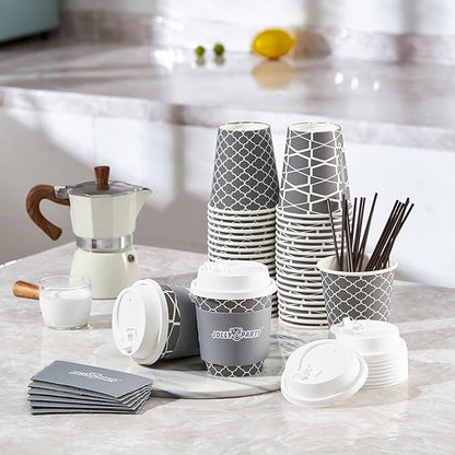 JOLLY PARTY [100 Sets] 10 oz Paper Coffee Cups, Disposable Coffee Cups with Lids, Sleeves and Straws, Hot Cold Beverage Drinking Cup for Water or Tea, To-Go Cups Suitable for Office and Travel
