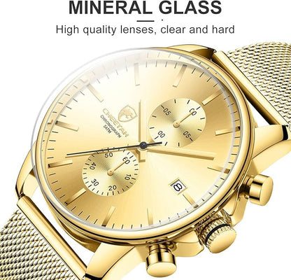 GOLDEN HOUR Mens Watch Fashion Sleek Minimalist Quartz Analog Mesh Stainless Steel Waterproof Chronograph Watches for Men with Auto Date