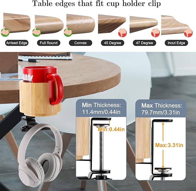 Nnewvante Desk Cup Holder, 2 in 1 360° Rotating Headphone Hanger Under Desk, 360° Anti-Spill Cup Holder, Table Cup Holder for Water Bottles, Gaming Desk Accessories - Bamboo