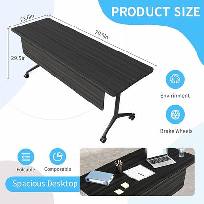 Conference Table, Folding Conference Room Tables on Wheels, Modern Meeting Seminar Table Computer Desk, Boardroom Desk for Office Meeting Conference Room,White (10, 1915D, 70.8)