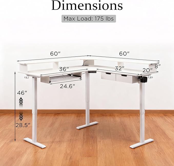 T4TREAM 60" Electric Standing Desk - L Shaped Desk with Monitor Stand, Charging Station & Remote Light, Home Office & Gaming Corner Computer Desk, Antique White