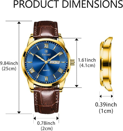Mens Watches Luxury Dress Waterproof Leather Watch with Date Day Analog Quartz Large Number Wrist Watch Casual Classic Luminous Scales Big Face Easy Read Reloj para Hombre