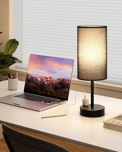 Fenmzee Large Black Bedside Lamps Set of 2-3 Color Temperatures Pull Chain Lamp with AC Outlet Charging Port, Two Round Night Stand Lamps for Bedroom Guest Room Office, Bed Side Light