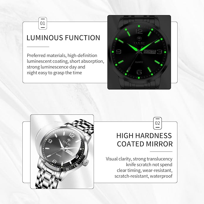 Stainless Steel Mens Watches with Day Date Quartz Analog Large Face Classic Watch Arabic Numerals Dress Luminous Rlojes para Hombres