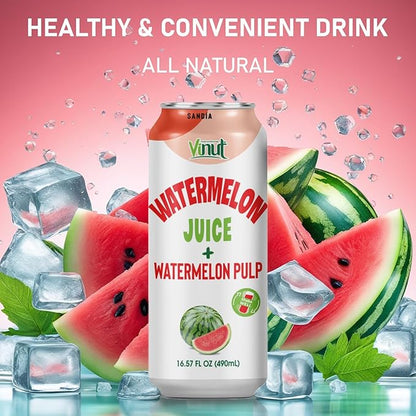 Vinut Natural Watermelon Juice Drink with Pulp, (16.57 fl oz, Pack of 6) Real Watermelon Juice, No Sugar Added, Gluten Free, GMO-Free