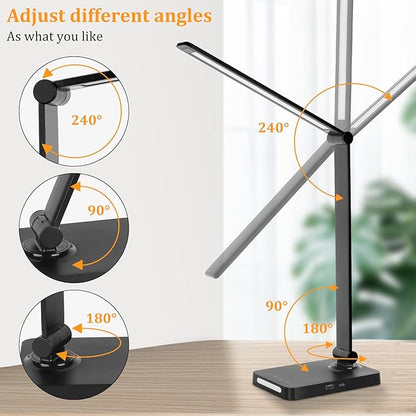 LED Desk Lamp with USB Ports,Touch Desk Lamps for Home Office with 5 Color Modes,3 Brightness Desk Light with Small Night Light,Reading Lamp Table Lamp for Bedroom Bedside Study Black （with adapter）