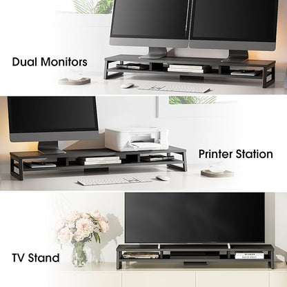 Fenge Dual Monitor Stand for Desk, 42.5in Large Monitor Riser for 2 Monitors, 2 Tier Computer Office Desk Top Shelf, Desktop Storage Stand for Laptop, PC, Computer, Printer