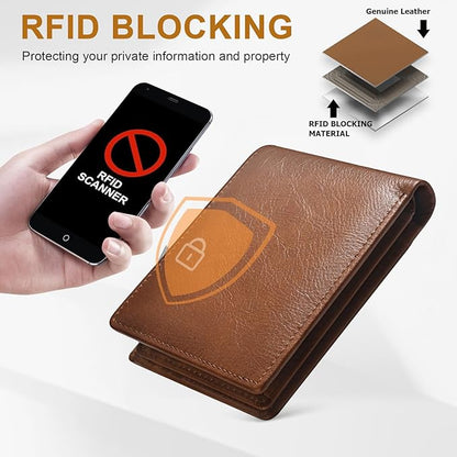 Genuine Leather Mens Wallet, RFID Blocking Bifold Wallet for Men with ID Window, 11 Credit Card Slots (Brown)