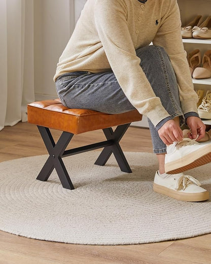 IBUYKE Small 12" H Footrest Stool, Square PU Foot Stool with Metal X-Leg, Multi-Use as Small Side Table, Step Stool for Living Room, Bedroom, Entryway, Office, Light Brown WBD012J