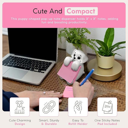 Resin Made Cute Sticky Note Holder for Desk | Doodle Compatible Dog Pop Up Post it Note Dispenser | Pop Up Sticky Notes Dispenser for Office Holds 3" x 3'" Notes for School, Office Desk Supplies
