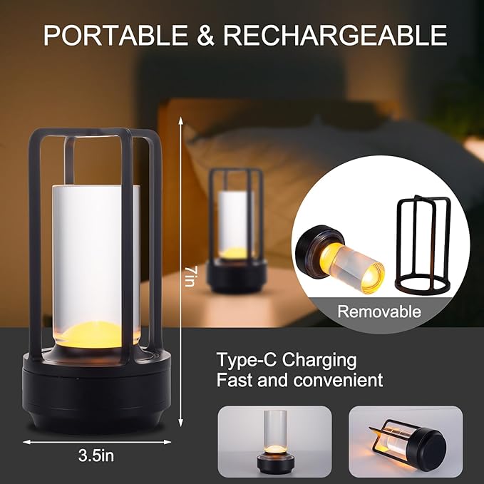 Rechargeable Cordless LED Table Lamp - Waterproof Portable Touch Dimmable Desk Light for Outdoor, Camping, Patio, Bedroom, Living Room - Night Light with Long Battery Life (Black)