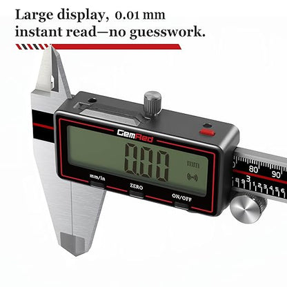 GemRed Wireless Digital Caliper, 300mm Stainless Steel Precision Measuring Tool with Data Output, Inch/MM Conversion, Zero Reset, Auto Off, for DIY, Woodworking, Jewelry Making