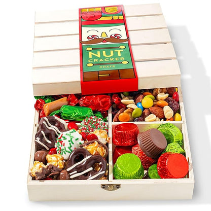 Christmas Gift Basket, Holiday Gourmet Treats- Variety Snack Crate- Candy Tray Food Assortment Idea- For Women, Men, Family 4 Section- Bonnie and Pop