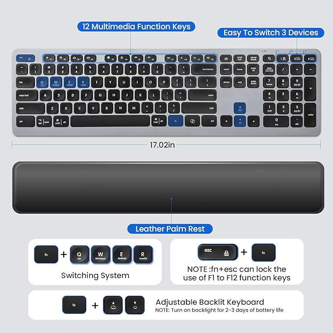 Wireless Keyboard, Bluetooth Keyboard with Leather Palm Rest, Backlighting, Multi-Device Pairing, USB C Rechargeable, for Windows, Mac, iOS, Android, Chrome, Office, Students, Long Hours Typing