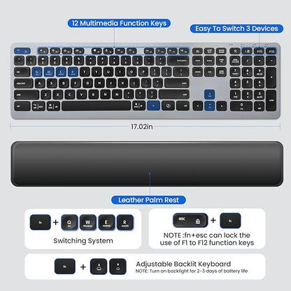 Wireless Keyboard, Bluetooth Keyboard with Leather Palm Rest, Backlighting, Multi-Device Pairing, USB C Rechargeable, for Windows, Mac, iOS, Android, Chrome, Office, Students, Long Hours Typing