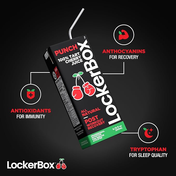 LockerBox Punch 100% Tart Cherry (40 Pack) 6.75 oz Juice Box with Straw | Organic, Sugar Free, Zero Caffeine Drink for Post Exercise Muscle Recovery, Natural Sleep Support, and Clean Daily Hydration