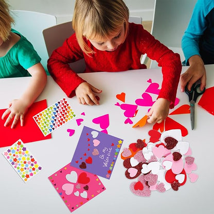 Zonon 16 Pack Valentines Crafts DIY Card Valentines's Day Kits Foam Heart Sticker Craft DIY Kits Envelopes Cards Set for Exchange Gifts (Bright Color)