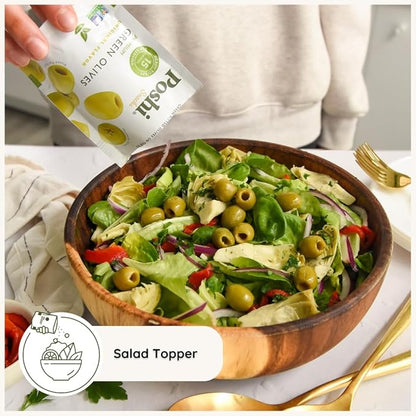 Poshi Green Olives On-The-Go - Original Flavor - Single Serve Pitted Olives - Convenient and Healthy Snack Packs - All Natural, Non-GMO, Kosher, Gluten-Free - 1.1 Oz Bags (10/Pack)