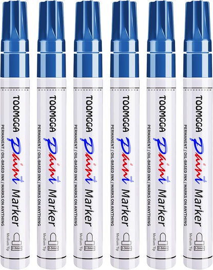 Permanent Paint Pens Blue Paint Markers 6 Pack Oil Based Markers, Quick Drying and Waterproof Marker Pen, Car Tire, Metal, Rock Painting, Wood, Plastic, Canvas, Craft Supplies for Adults